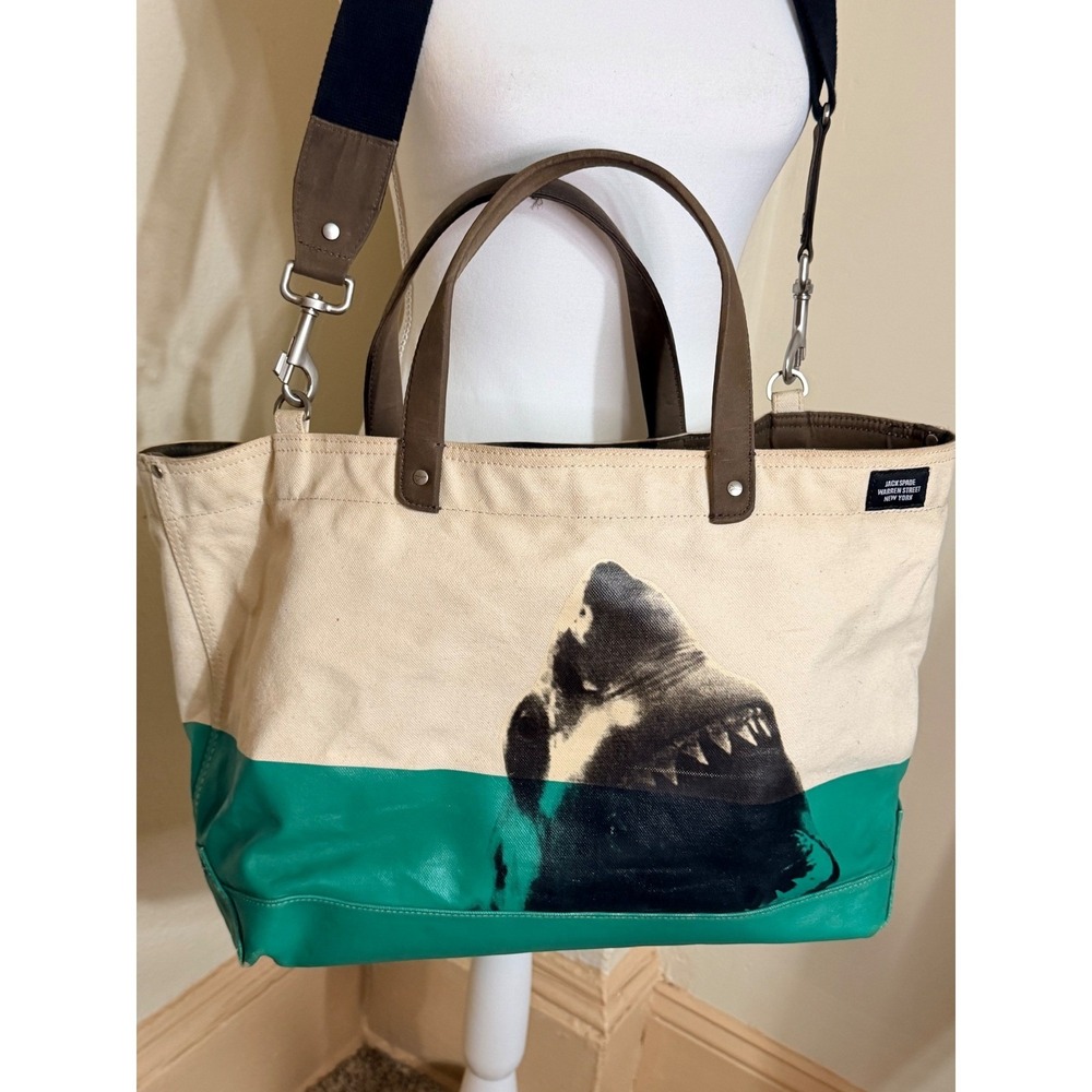 Jack Spade Warren Street Shark Canvas Tote Bag Cream Teal Green Crossbody Mens